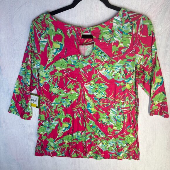 Womens Blouse size LP Pink green Palm Harbour floral 3/4 Sleeves stretch - Picture 7 of 10